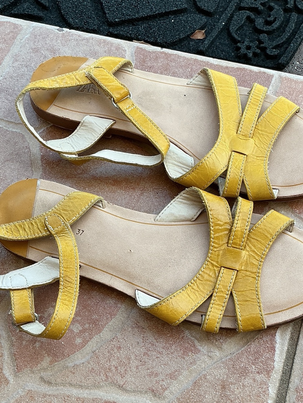 Women well worn Zara Yellow Leather Strappy Women’s Sandals